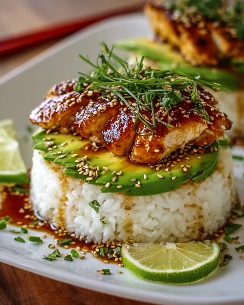 Einfache Honig-Limetten-Hähnchen mit Avocado-Reis-Stapeln