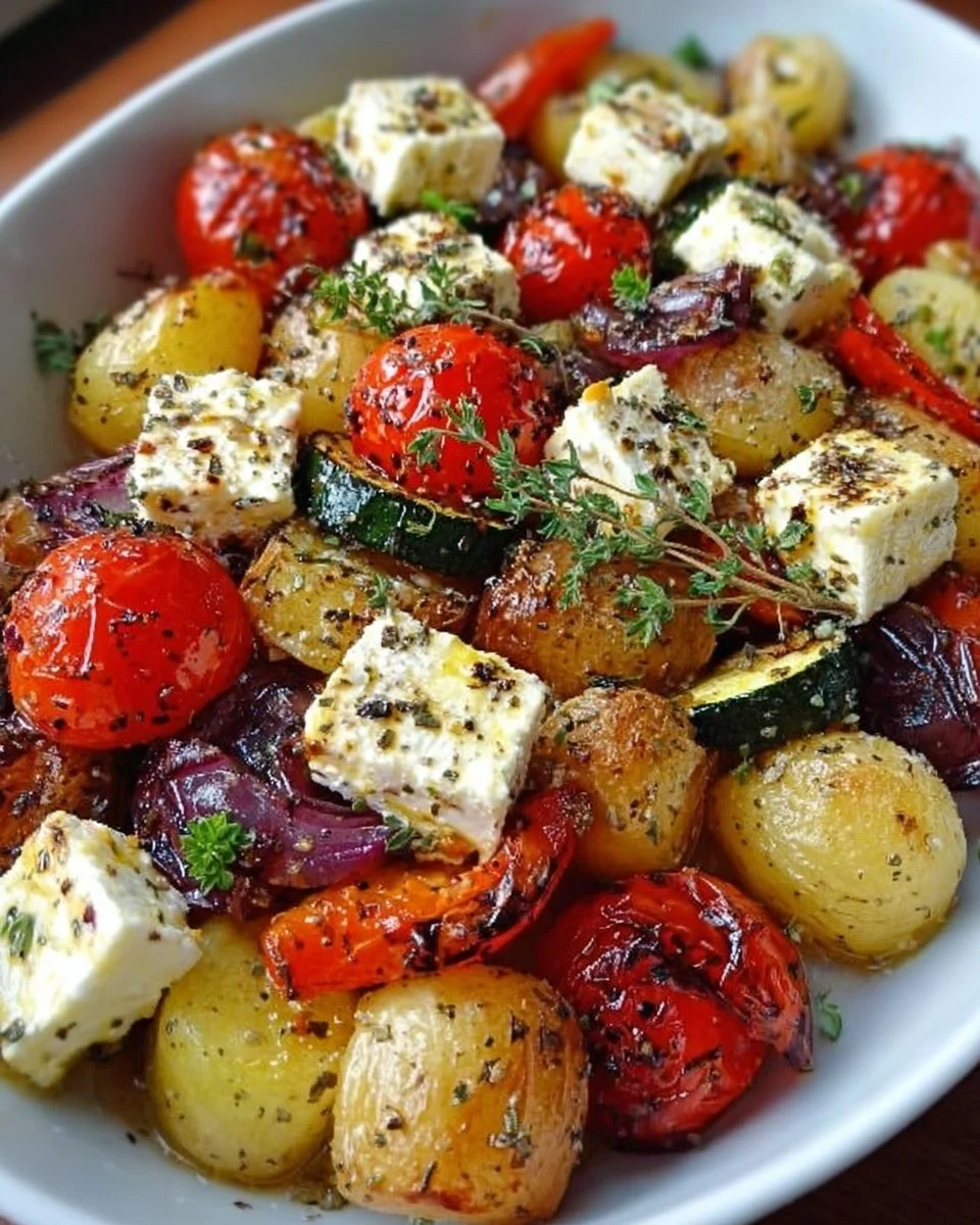 The title is already in German. It translates to “Delicious Feta Potato Oven Vegetables: Simple and Healthy!”