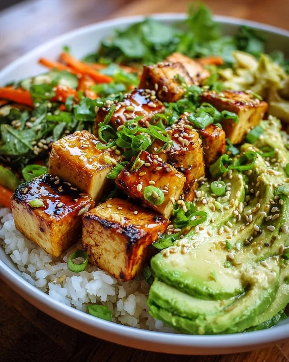 Cremige Avocado-Tofu-Reis-Bowl