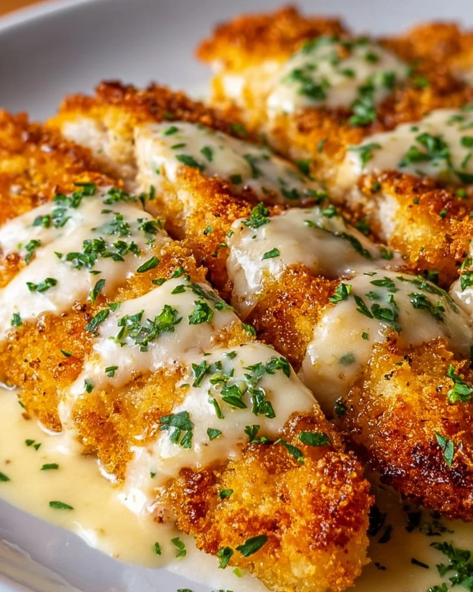 Crispy Parmesan Chicken with creamy garlic sauce