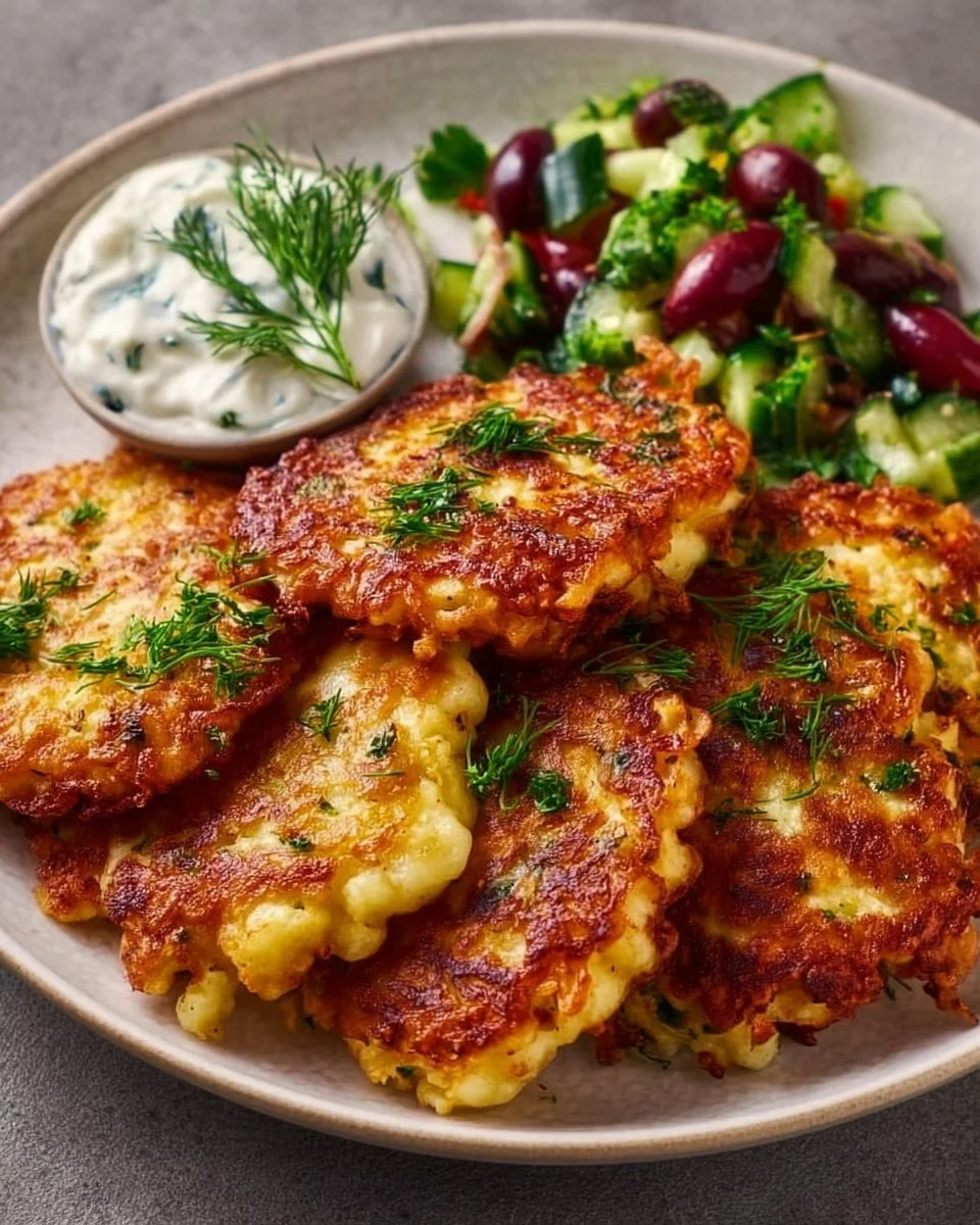 Knusprige Kartoffel-Feta-Fritter serviert mit Joghurt-Gurken-Sauce.