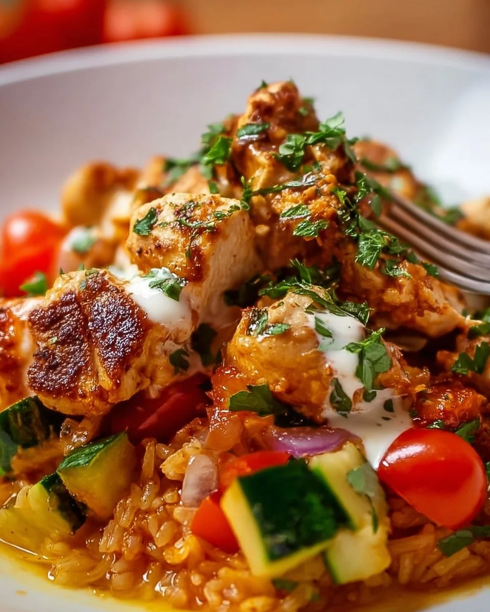 Ein Topf Mediterrane Hähnchen-Reis-Schüsseln