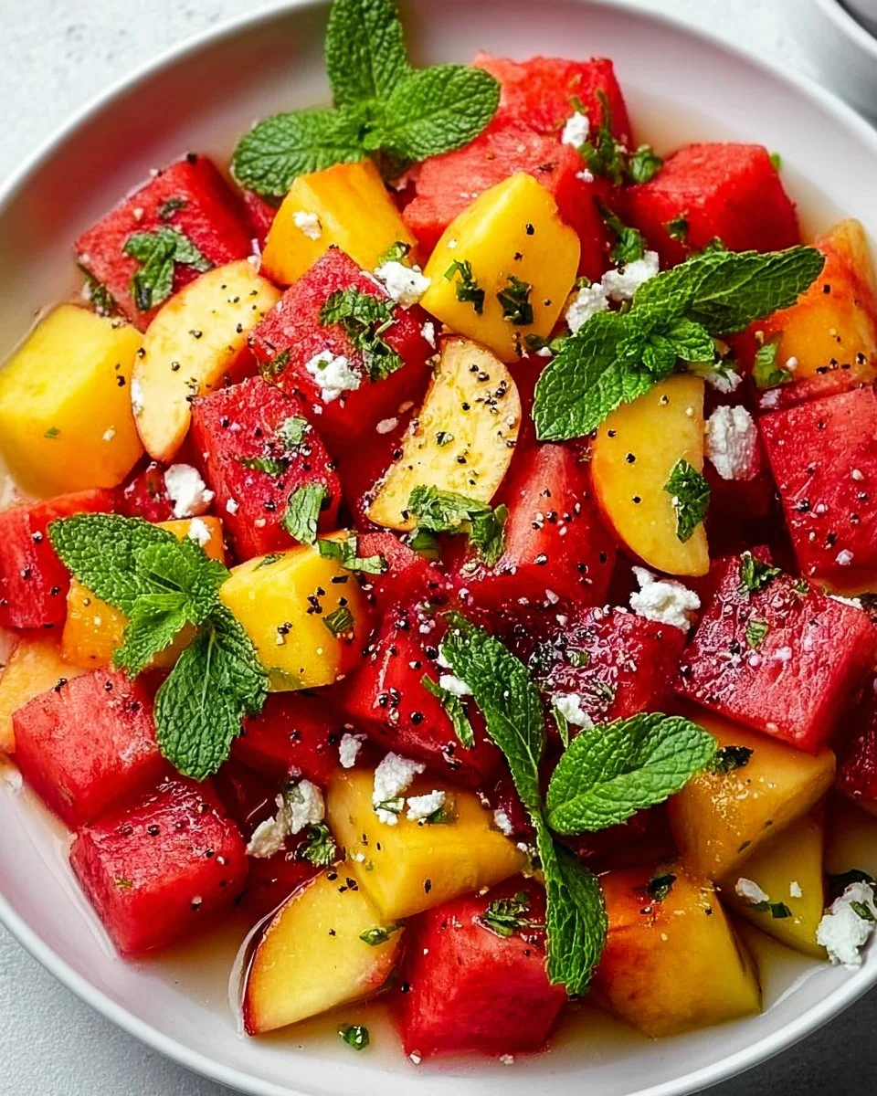 Einfache Sommer-Pfirsich-Wassermelonen-Salat-Rezept