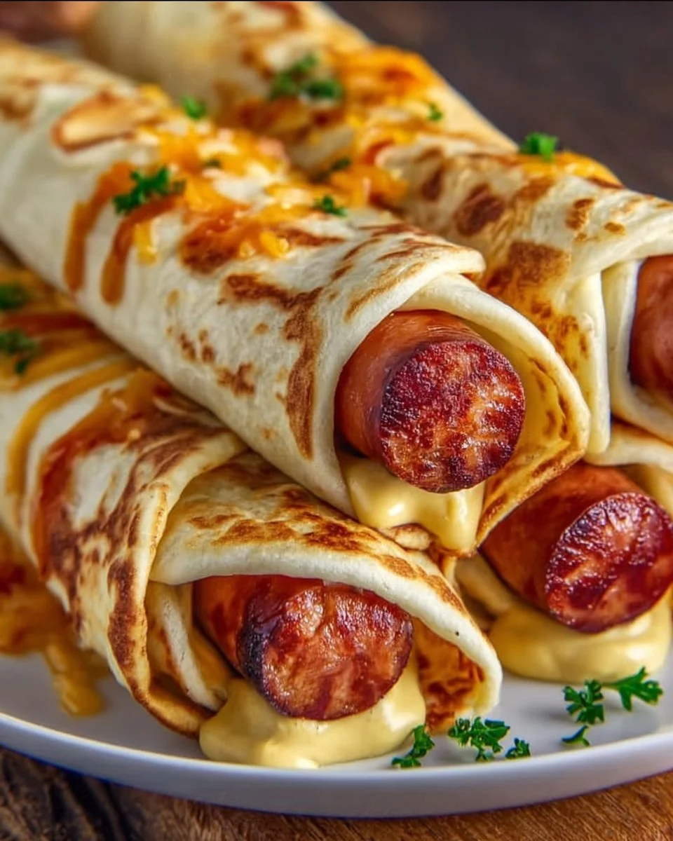 Gebackene Hot Dogs in knusprigem Tortilla-Teig auf einem Teller serviert