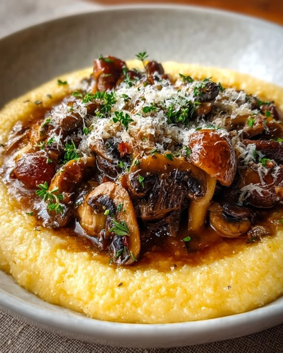 Genießen Sie schmackhaftes Pilzragout auf cremiger Parmesanpolenta