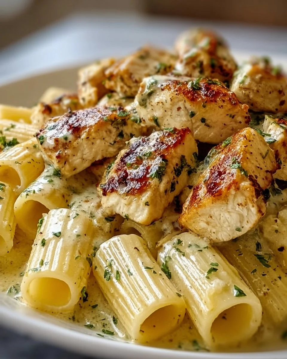 Hähnchen in Knoblauchbutter mit Rigatoni in Parmesan-Soße