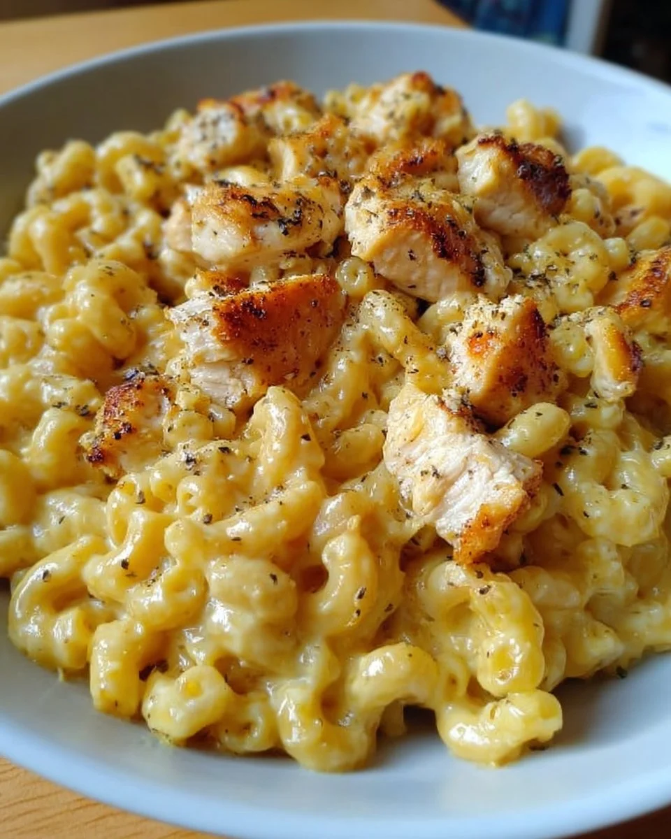 Hähnchen Mac and Cheese auf einem Teller serviert, cremig und verführerisch