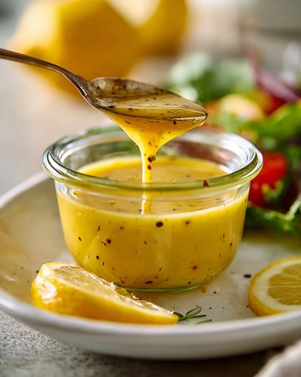 Honig-Zitronen-Vinaigrette in einer Glas-Schüssel mit frischen Zutaten