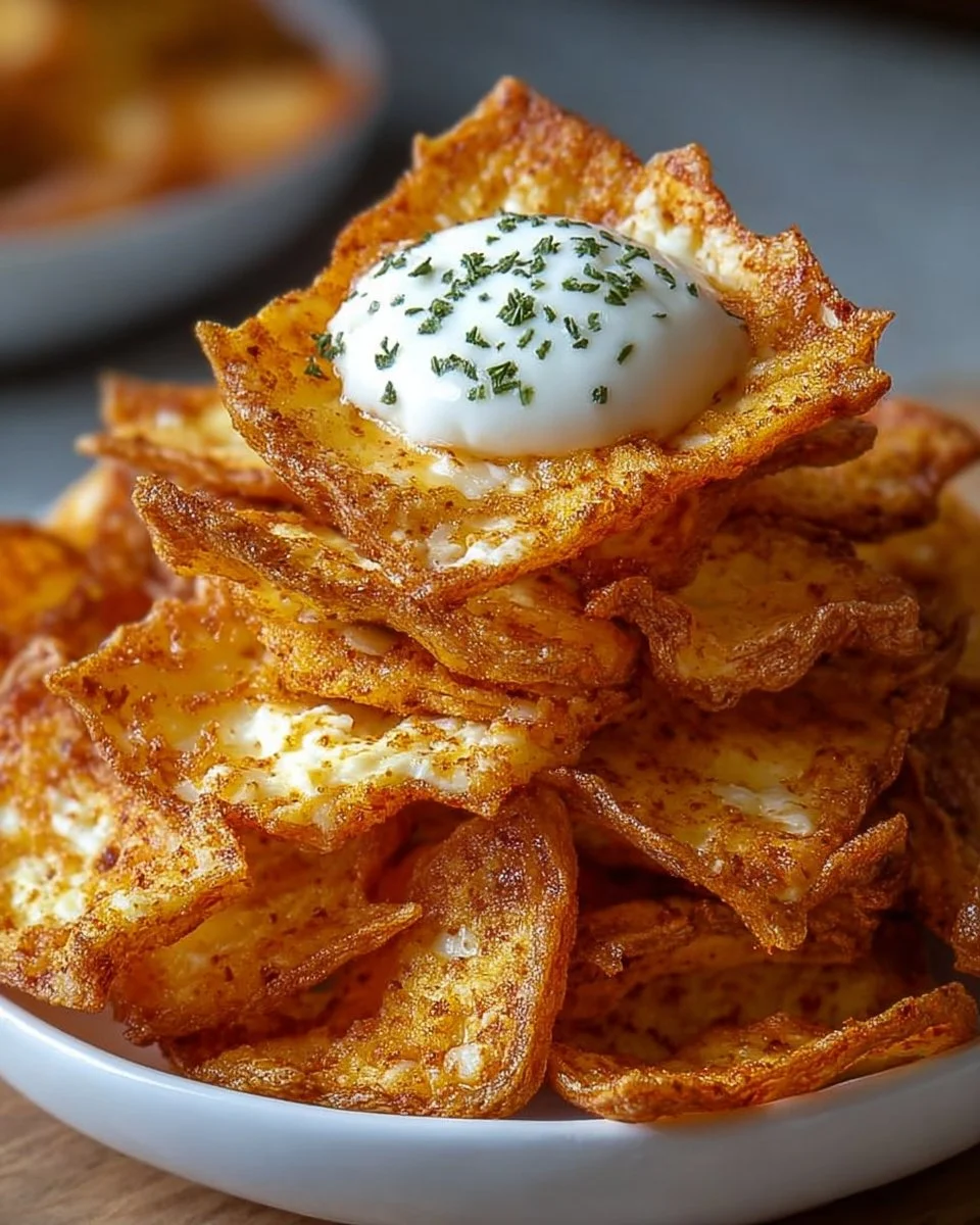 Hüttenkäse-Chips auf einem Teller als gesunder Snack