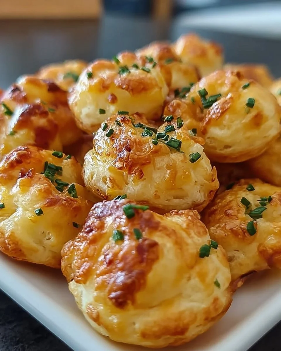 Käse-Puffs als knuspriger Snack auf einem Teller serviert.