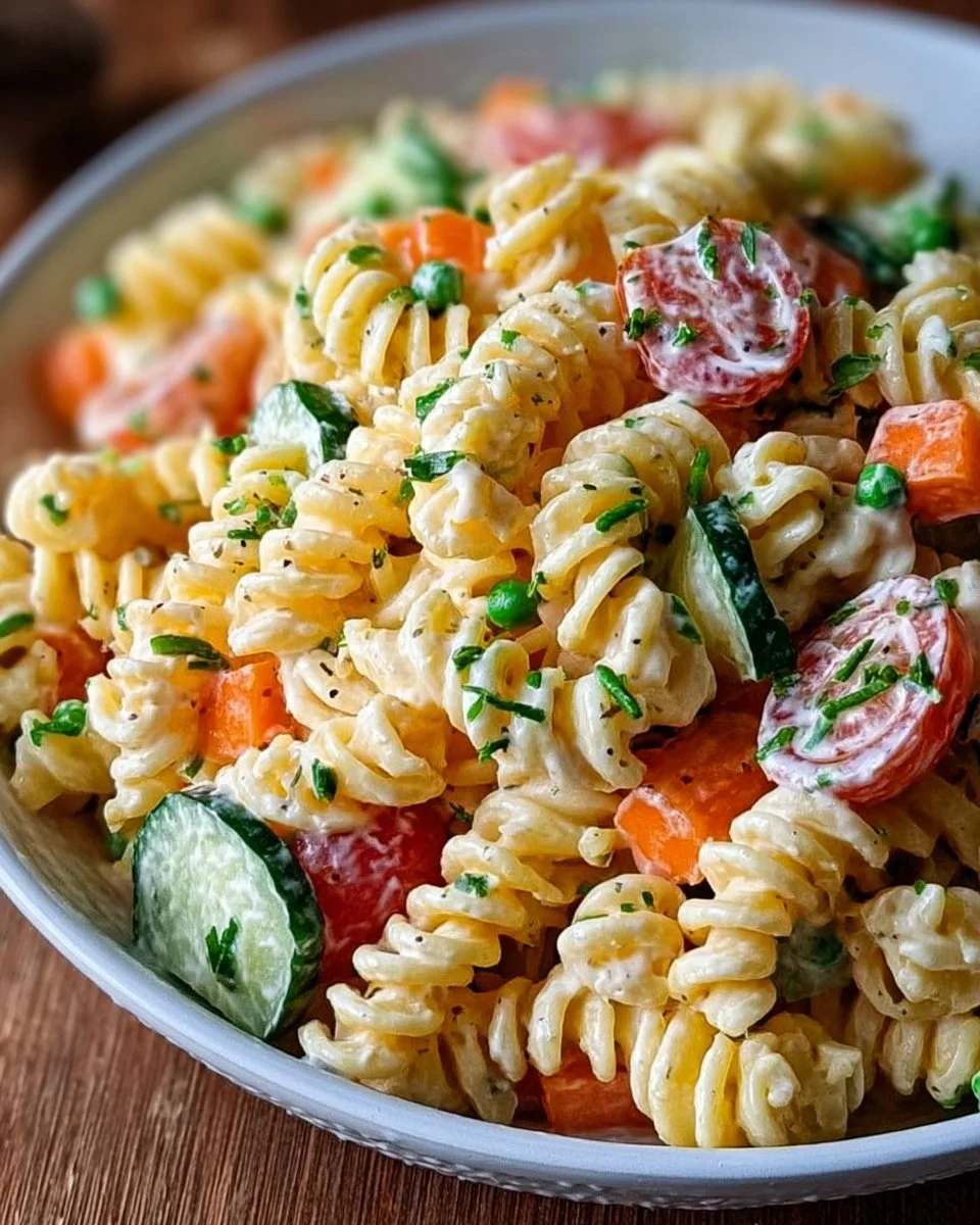 Kunterbunter Kinder Nudelsalat mit Frischkäse in einer Schüssel