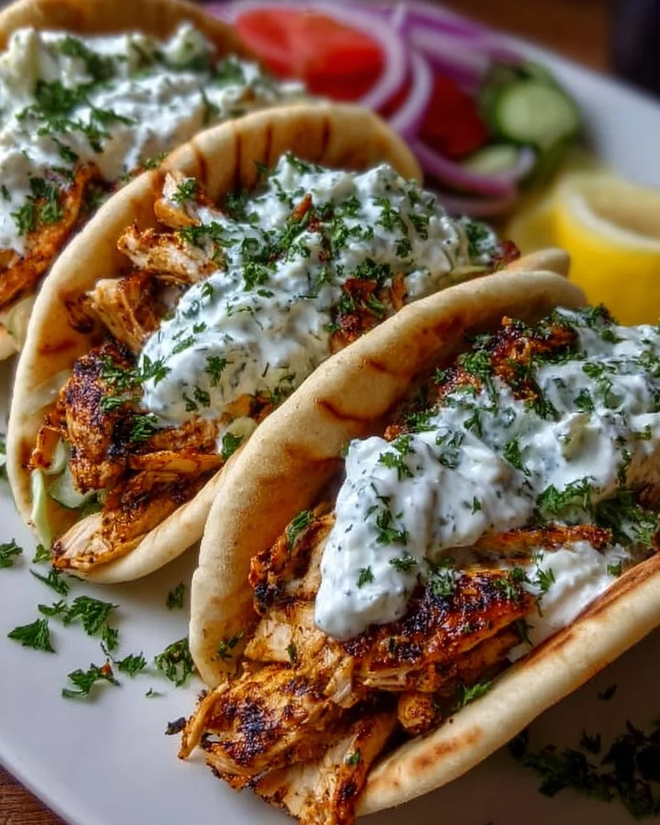 Langsam-kochendes Hähnchen-Gyros mit Tzatziki-Sauce