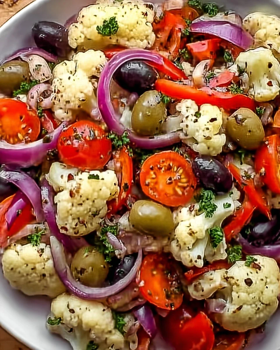 Mediterraner marinierter Blumenkohlsalat als Beilage für frischen Geschmack