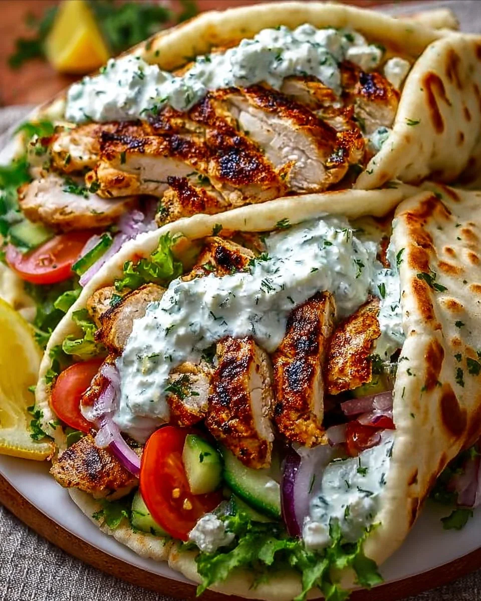 Mediterran zubereitetes Hähnchen-Gyros mit Feta-Tzatziki auf einem Teller