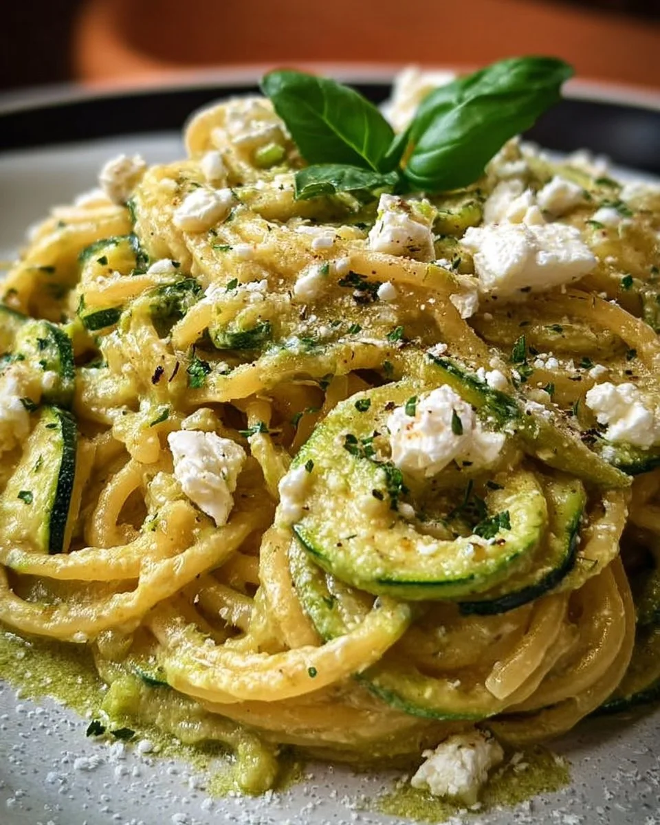 Pasta in cremiger Zucchini-Sauce serviert mit frischen Kräutern