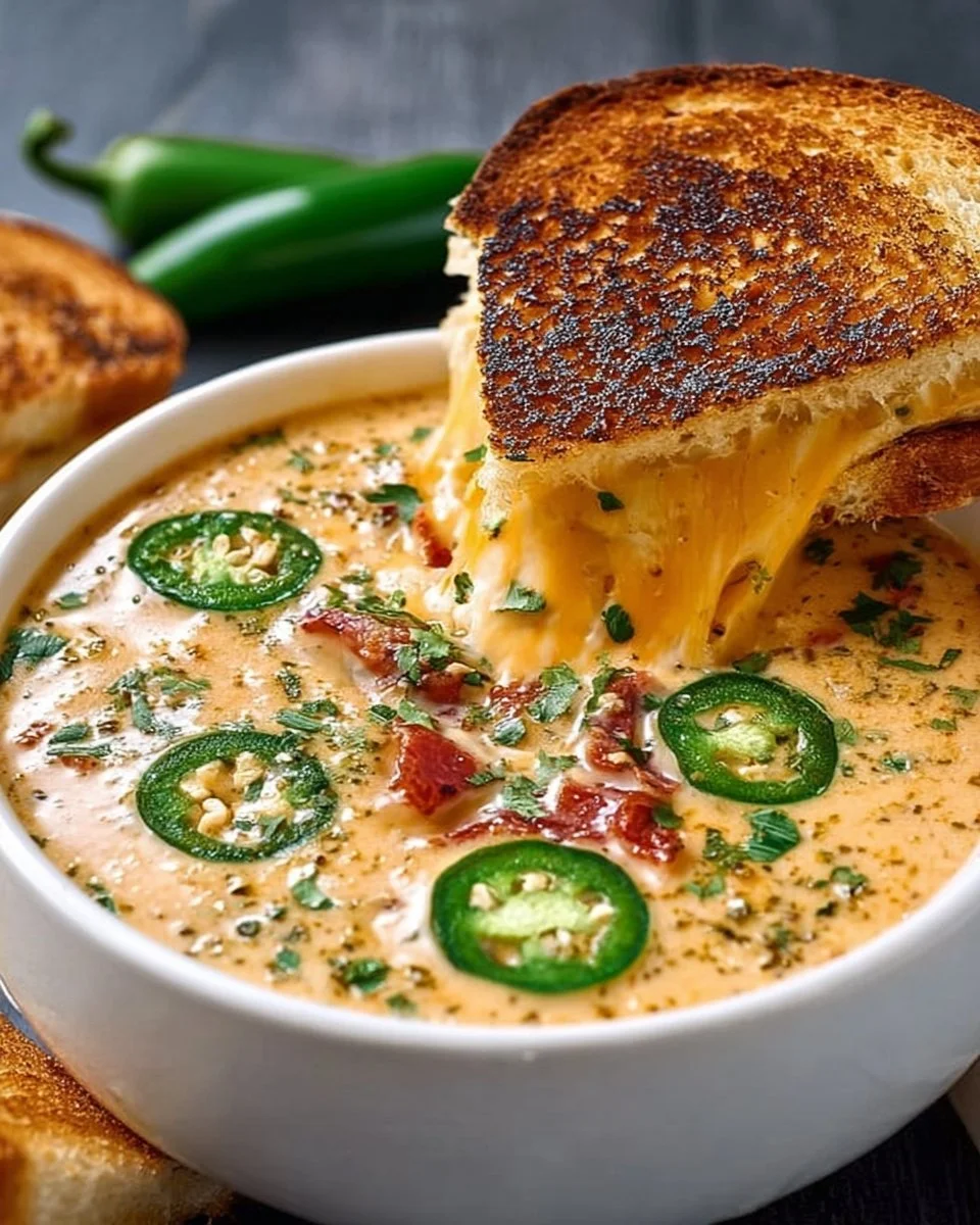 Spicy Jalapeño Popper Soup with Grilled Cheese Dip