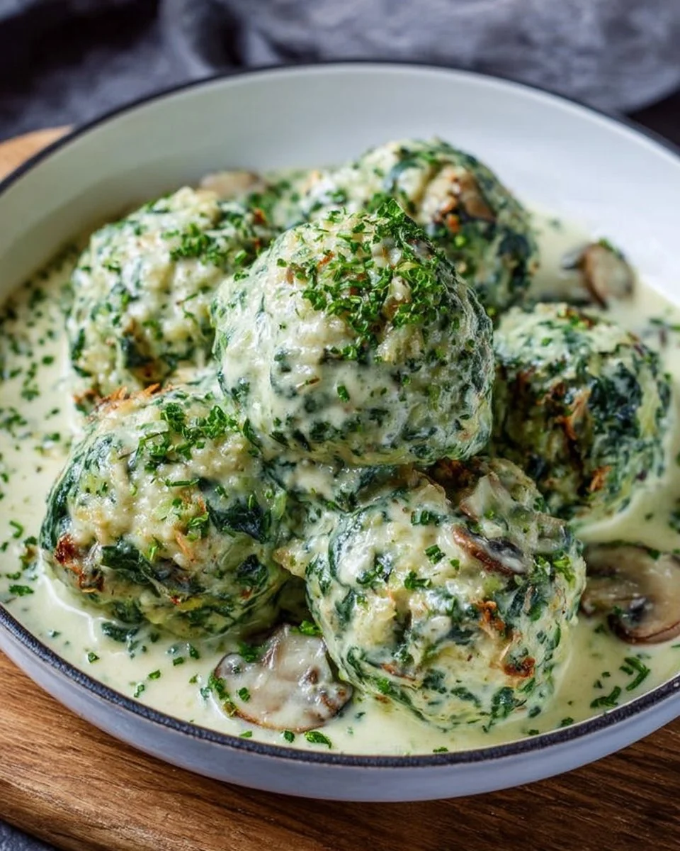 Spinatknödel mit Champignonsoße auf einem Teller angerichtet