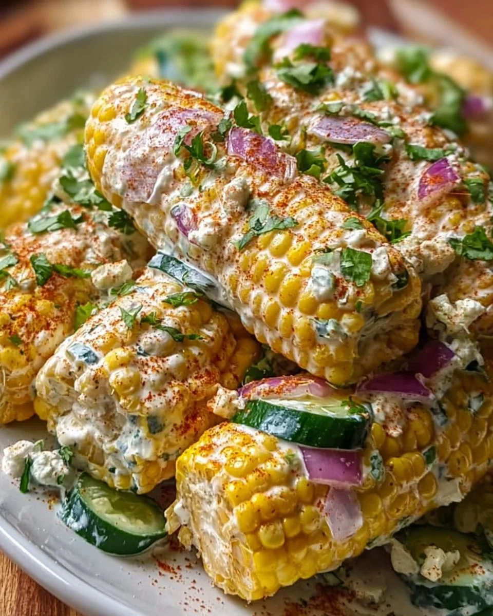 Cremiger Gurkensalat mit frisch gegrilltem Straßenmais auf einem Teller