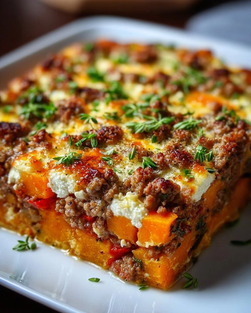Süßkartoffel-Hackfleisch-Auflauf mit Feta, serviert in einer Auflaufform