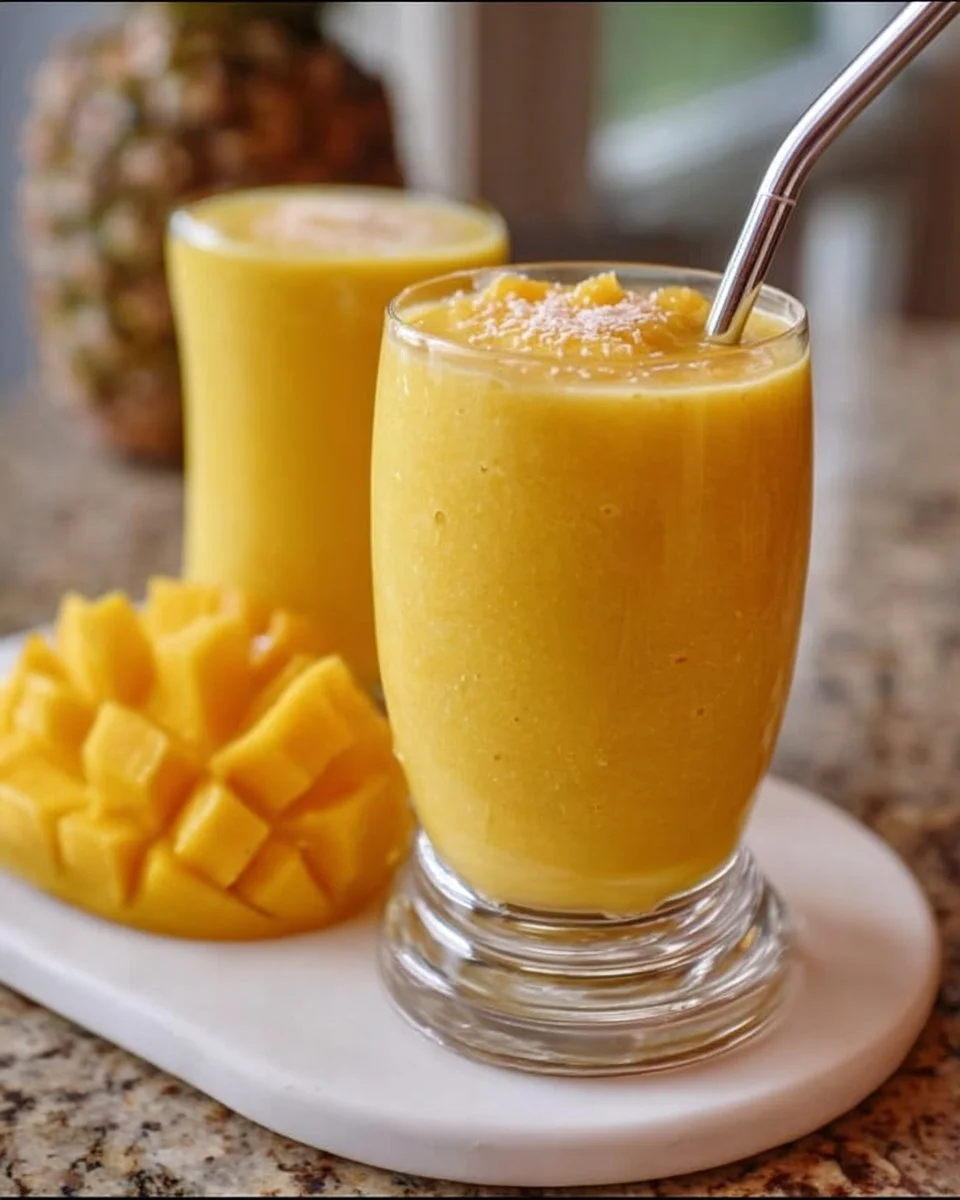 Tropischer Mango-Pineapple Smoothie in einem Glaspokal mit frischen Früchten