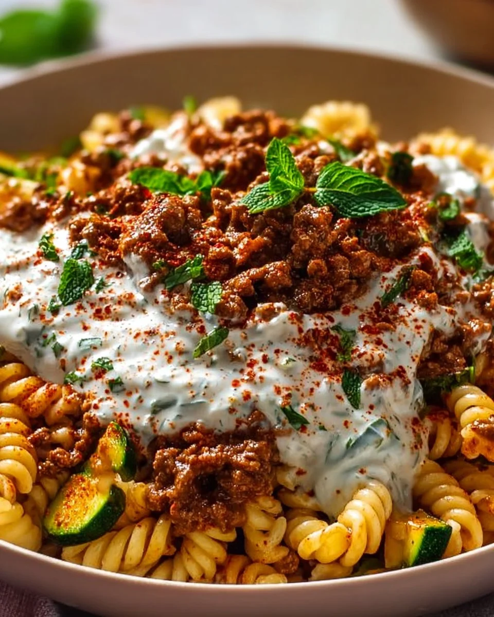 Türkische Pasta mit Hackfleisch und Joghurt-Sauce