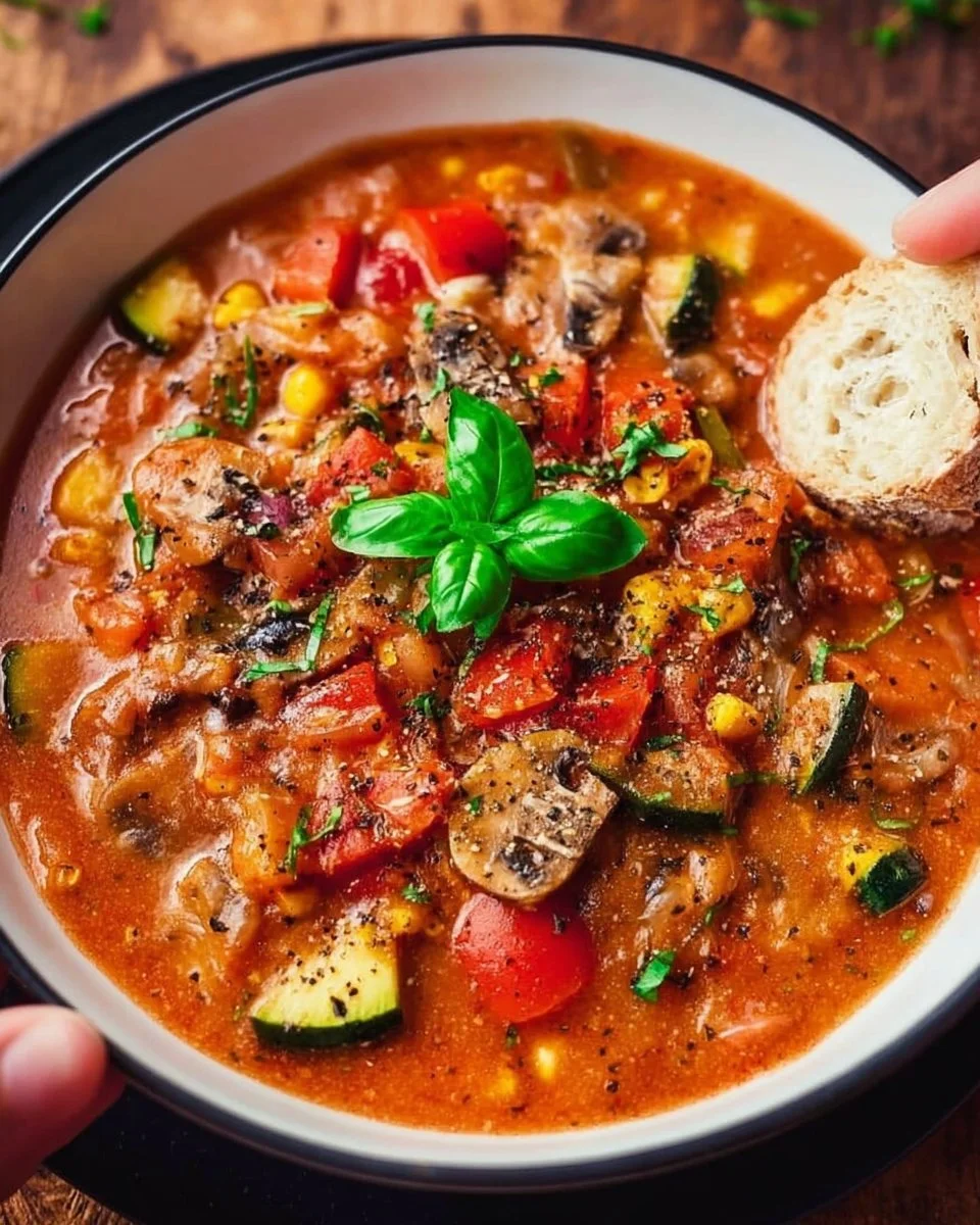 Köstliche vegane Pizzasuppe in einer Schüssel mit frischen Zutaten