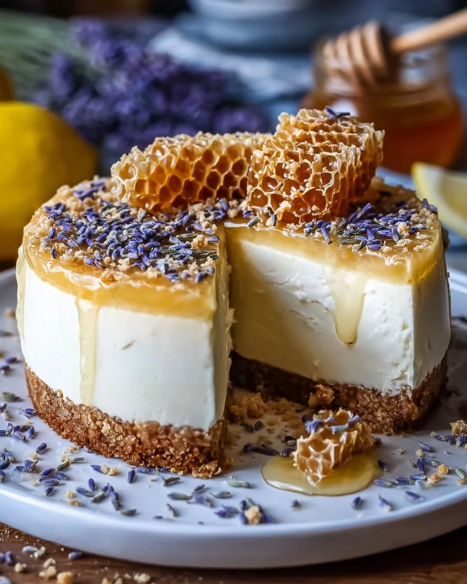 Zitronen-Lavendel-Käsekuchen mit Honigwabe