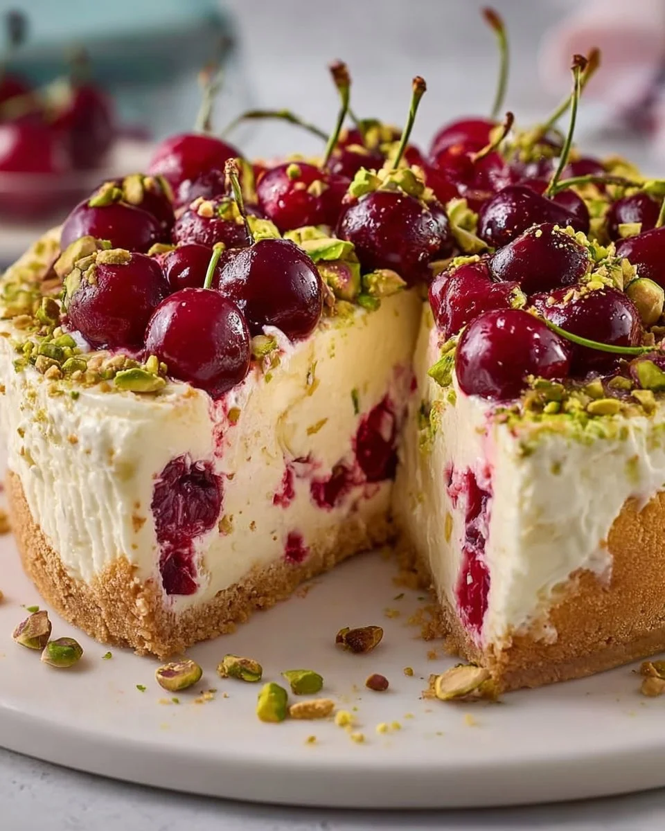 Zitronen-Limetten-Käsekuchen mit Kirschen und Pistazien