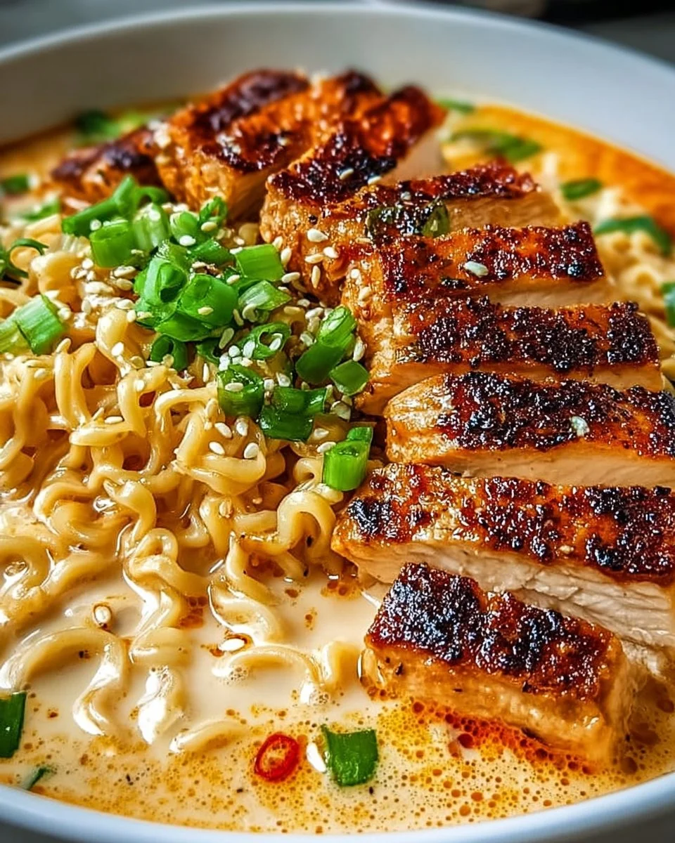 Feurige Hähnchen-Ramen mit cremiger Knoblauchsoße