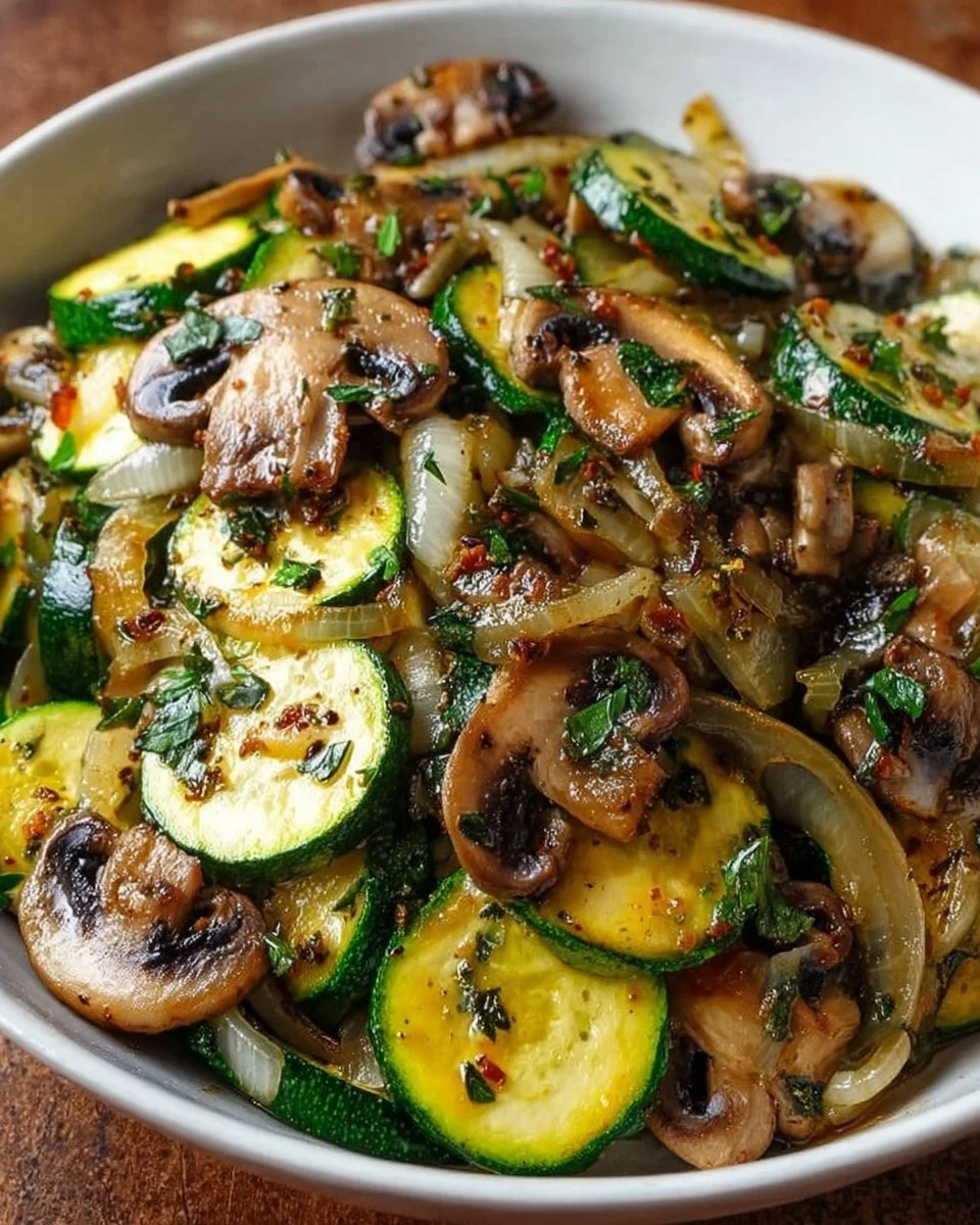 Gebratene Zucchini, Pilze und Zwiebeln