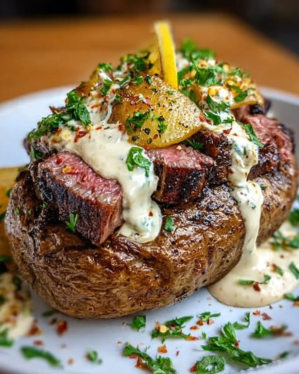 Genießen Sie überladene Steak-Kartoffeln mit herzhaftem Rahmsauce