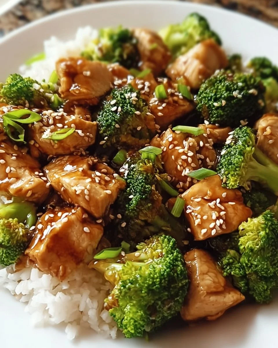 Gesundes Chicken Teriyaki mit Brokkoli und Reis auf einem Teller serviert