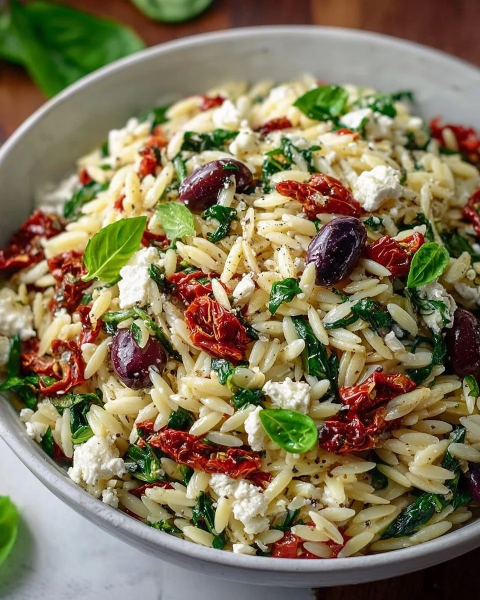 Hausgemachter Orzo-Nudelsalat mit Feta und getrockneten Tomaten – flirtyfood