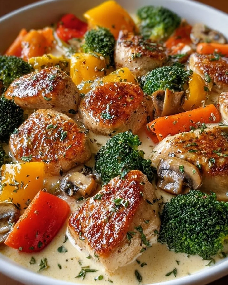 Herzhafte Slow Cooker cremige Knoblauch-Hähnchen mit frischem Gemüse