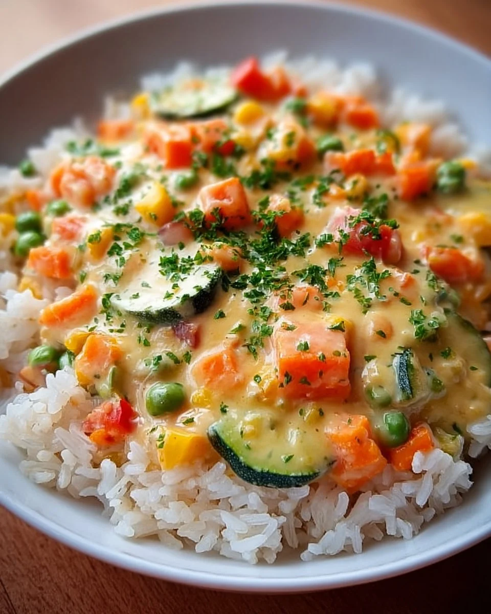 Reis mit Gemüse-Frischkäse-Sauce