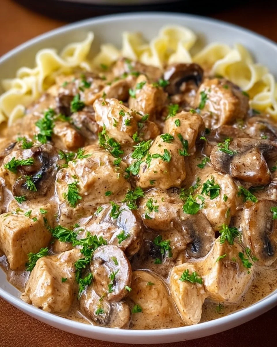 Schmortopf-Hühnchen und Pilz-Stroganoff