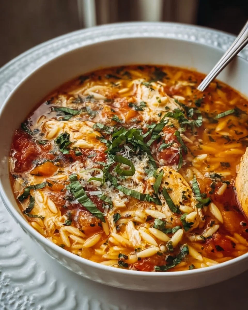 Warmes Hühner-Orzo-Tomatensuppe: Gemütlicher Komfort in jedem Löffel