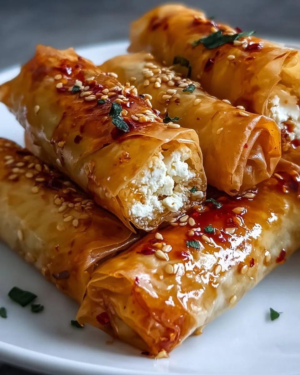 Leckere Chili-Honig-Feta-Rollen auf einem Teller angerichtet