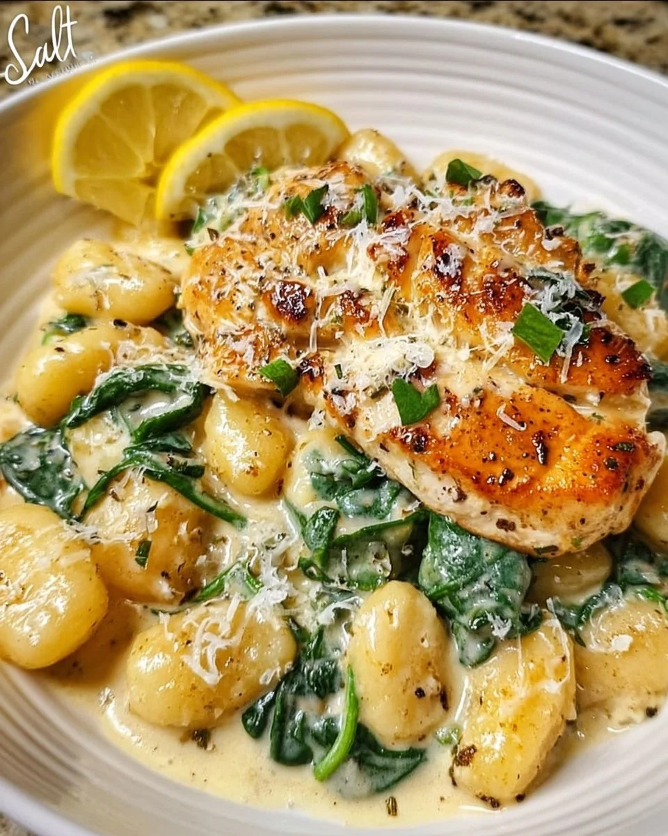 Cremige Zitronen-Parmesan-Hühnchen-Gnocchi mit frischen Zutaten auf dem Teller