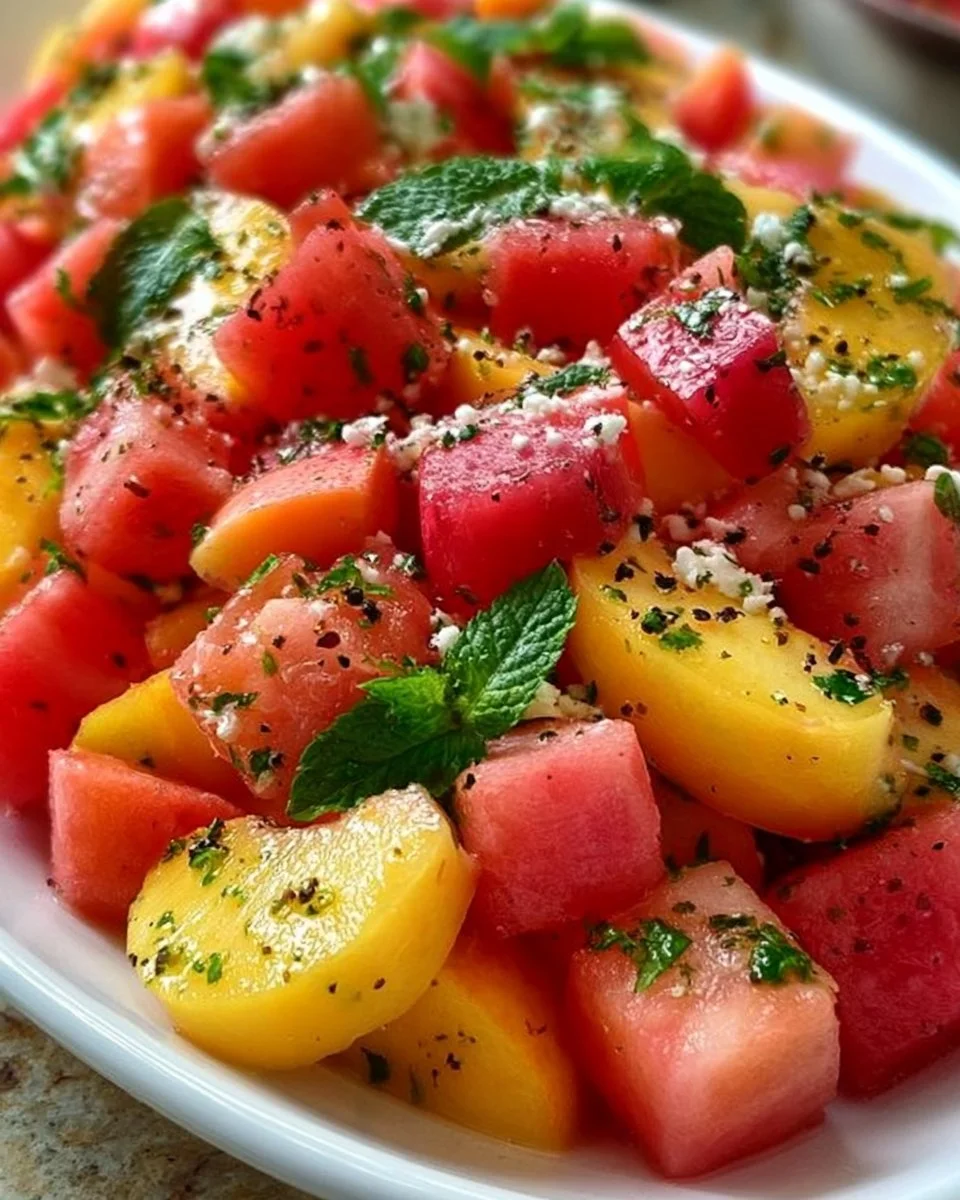 Der Pfirsich-Wassermelonensalat, der nach Sommer schmeckt | Rezepte mit Wassermelonen und Pfirsichen, Salat mit Wassermelonen und Pfirsichen, Vegetarische Salatrezepte