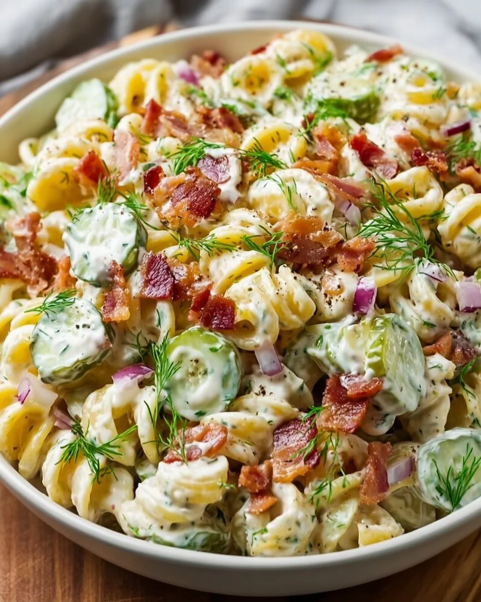 Dillgurken-Bacon-Pasta-Salat auf einem eleganten Teller serviert