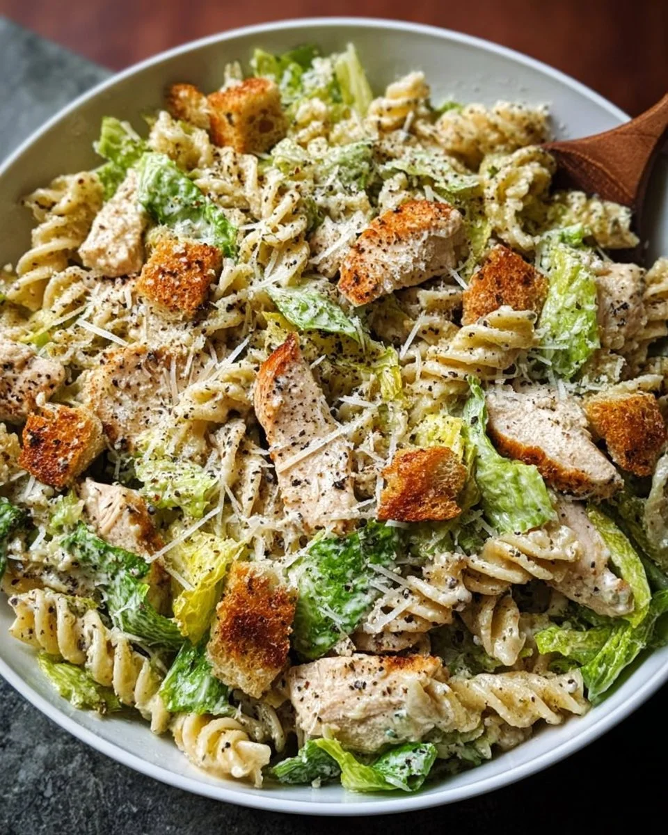 Einfache Chicken Caesar Pasta Salat mit Hühnchen und Caesar-Dressing