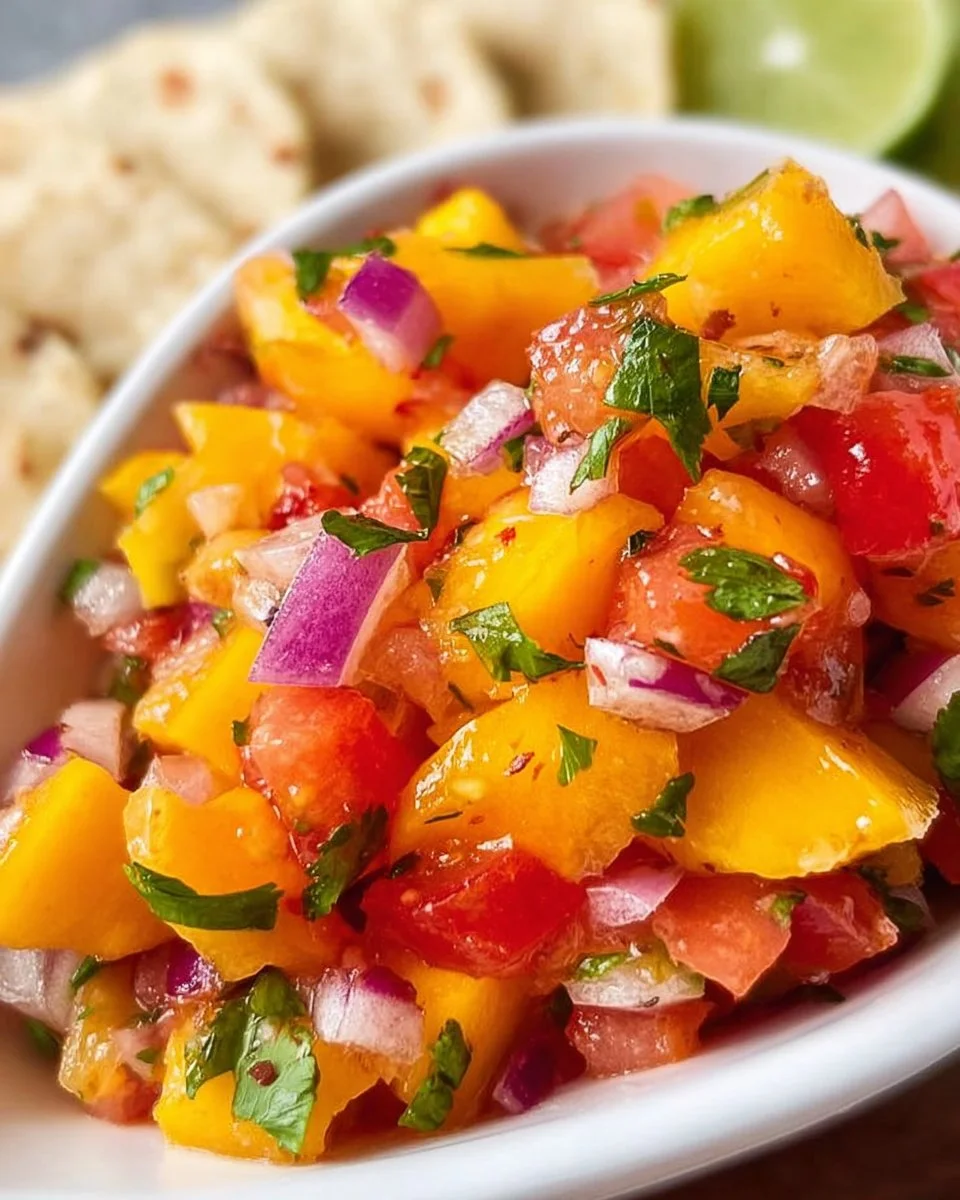 Hausgemachte frische Pfirsichsalsa in einer Schüssel