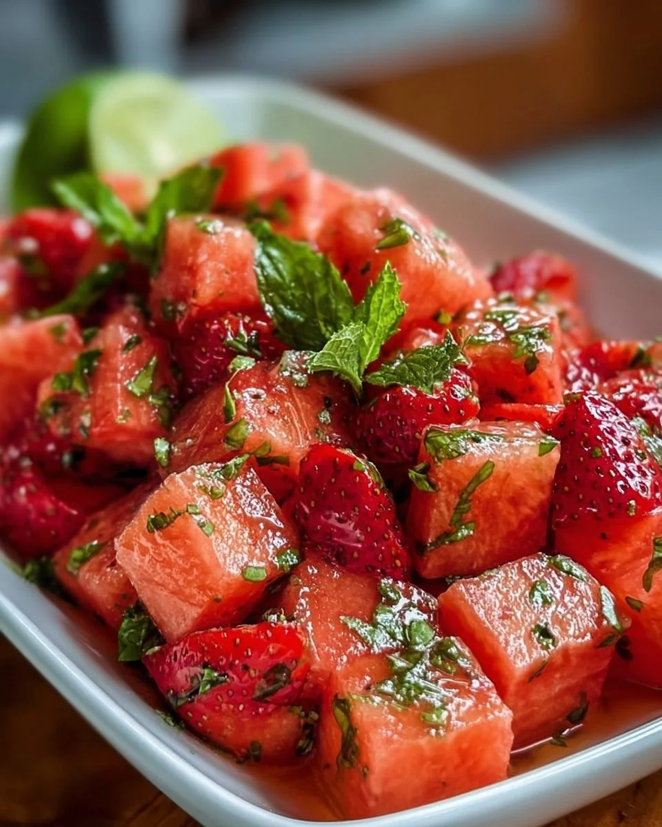 Erdbeer-Wassermelonen-Salat mit Honig auf einem Teller serviert