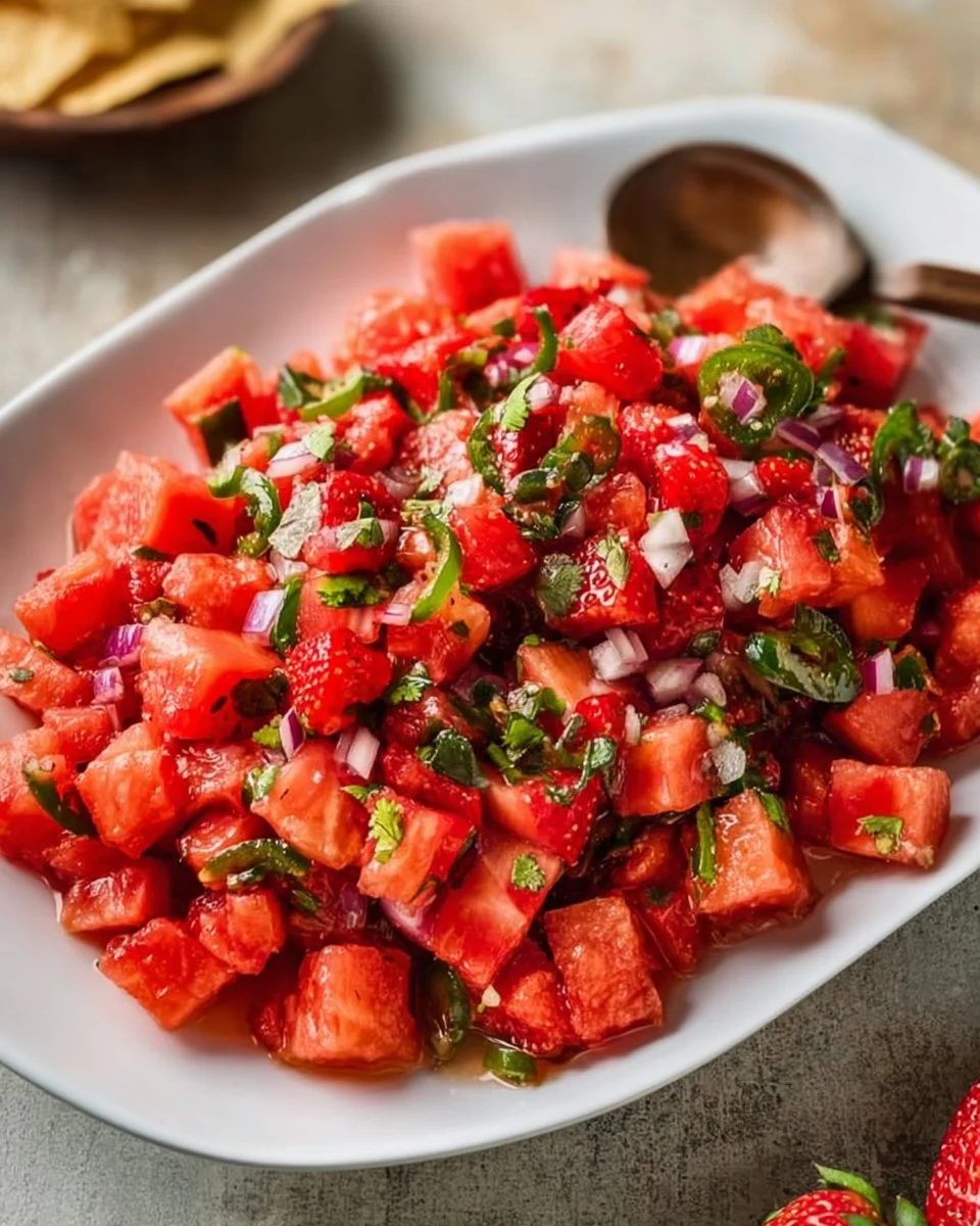 Erdbeer-Wassermelonen-Salsa in einer bunten Schüssel serviert.