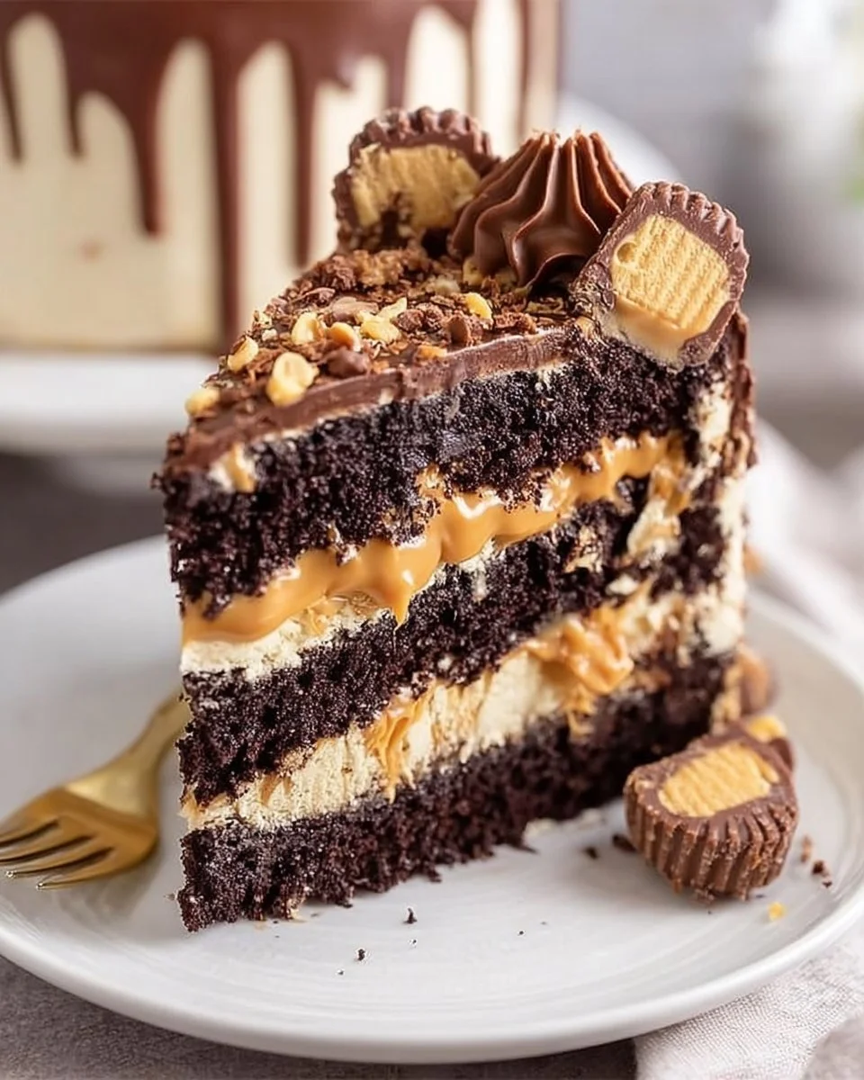 Erdnussbutter-Schokoladen-Layer-Kuchen auf einem Tortenständer mit Dekoration