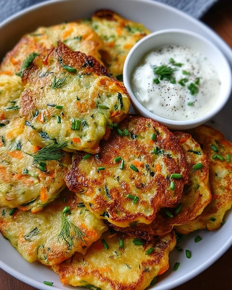 Vegetarische Gemüsepfannkuchen mit frischem Kräuterdip auf einem Teller serviert