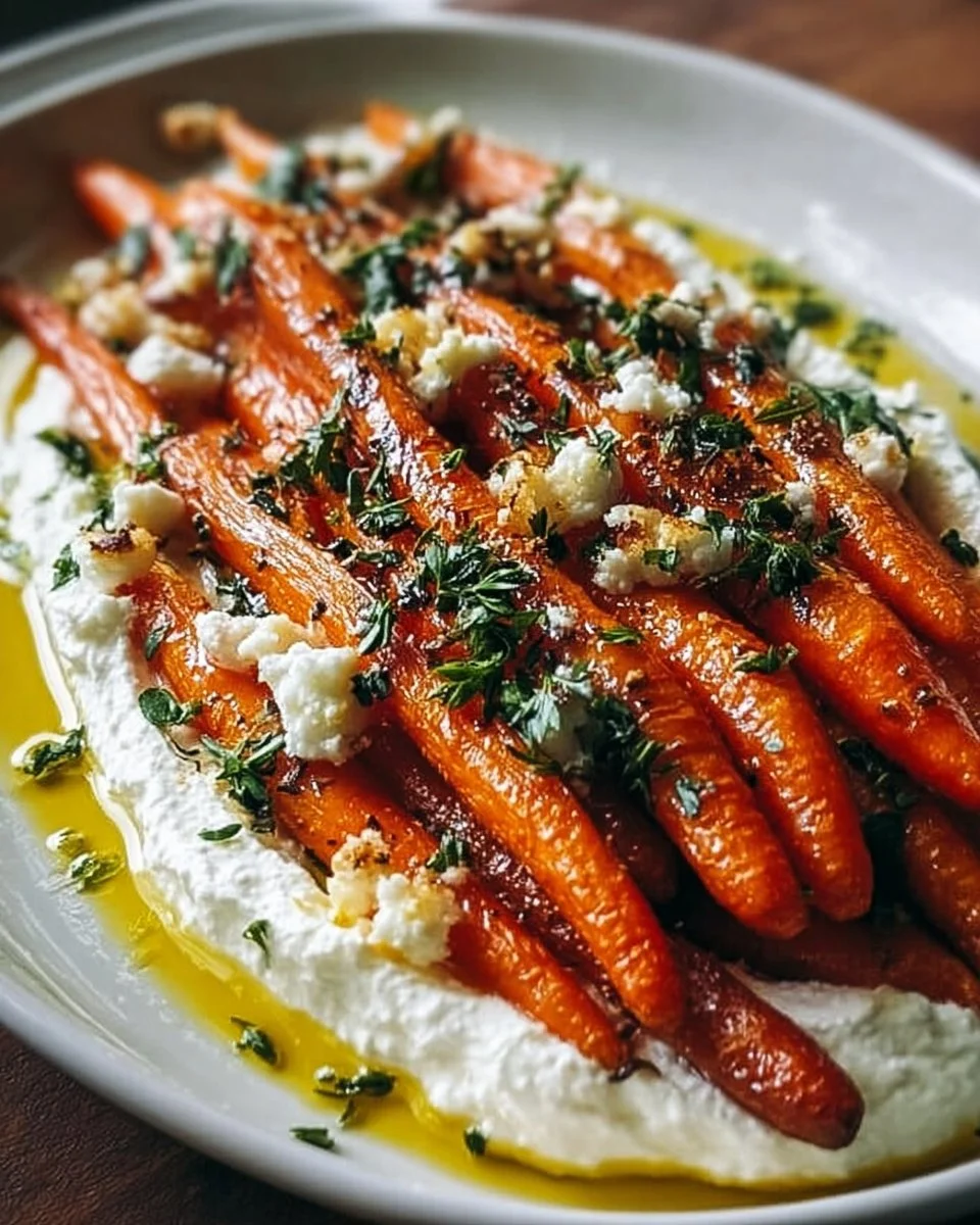 Geröstete Karotten mit geschlagener Ricotta auf einem Teller angerichtet