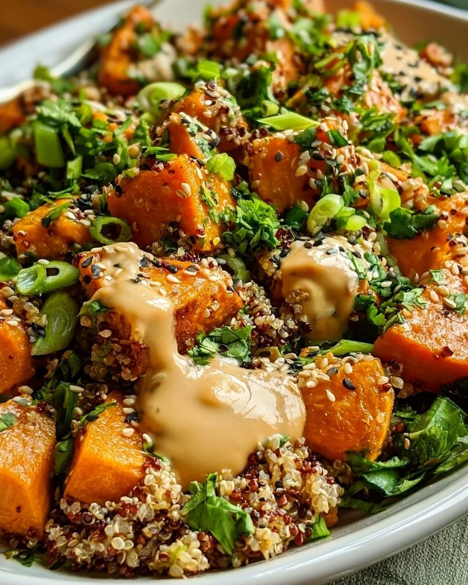 Gerösteter Süßkartoffel-Quinoa-Salat mit Sesam-Miso-Sauce auf einem Teller