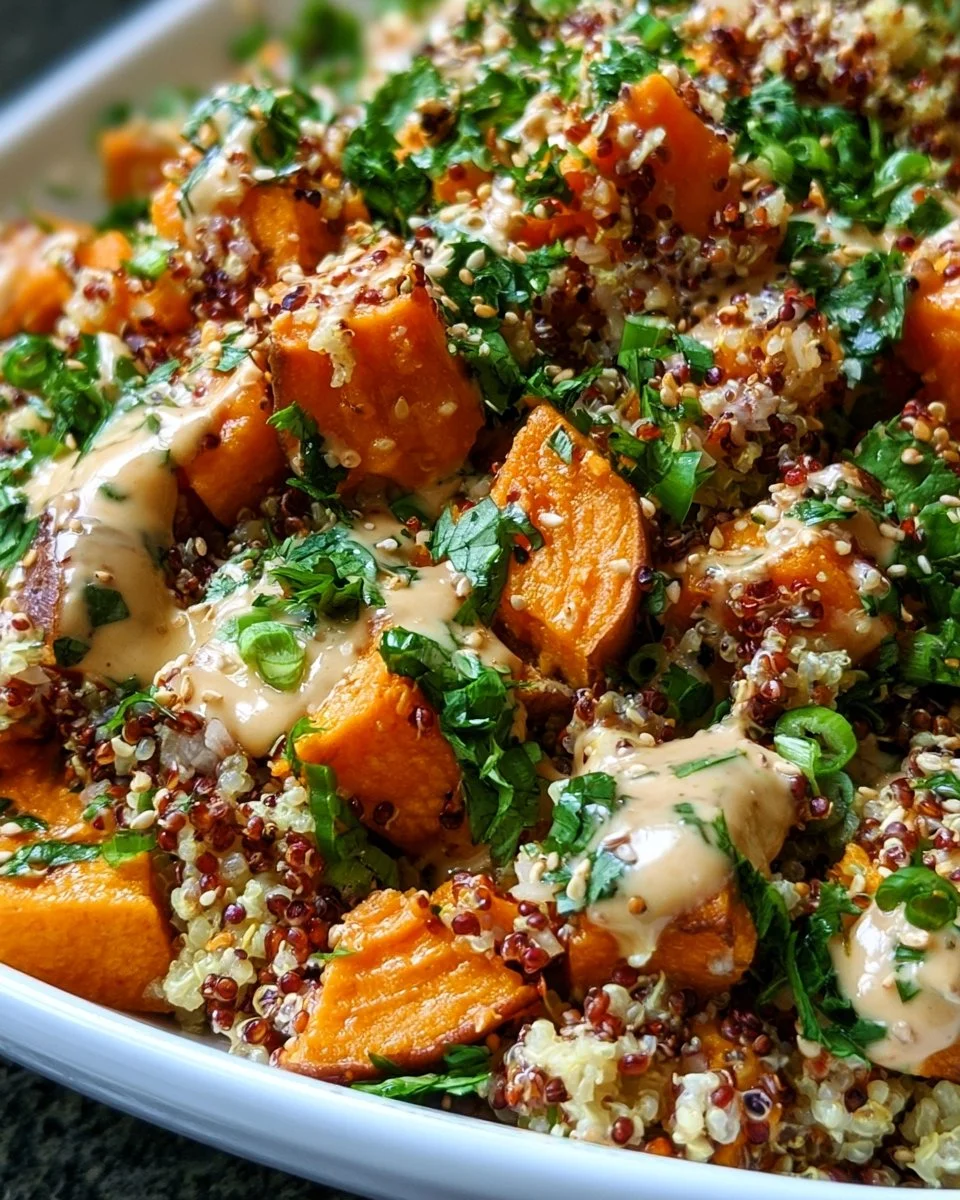 Gerösteter Süßkartoffel-Quinoa-Salat mit Sesam-Miso-Sauce